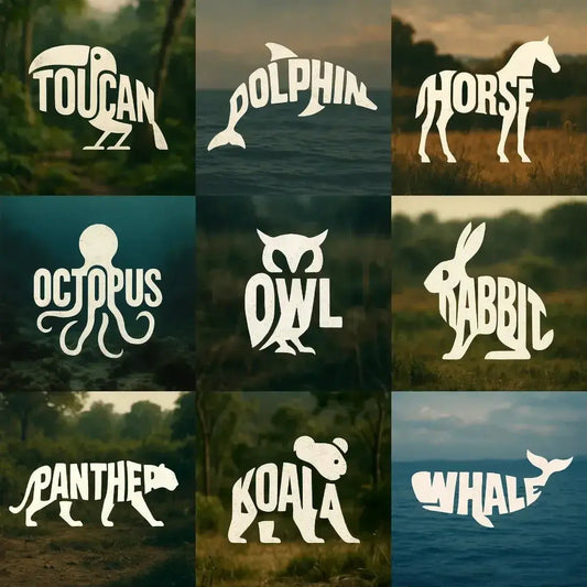 Example output from the Logo Ready Animal Word Shapes ChatGPT prompt: typographic animal silhouettes made from the letters of their names, featuring minimalist shapes, soft blurred nature backgrounds, and cinematic logo-ready styling.