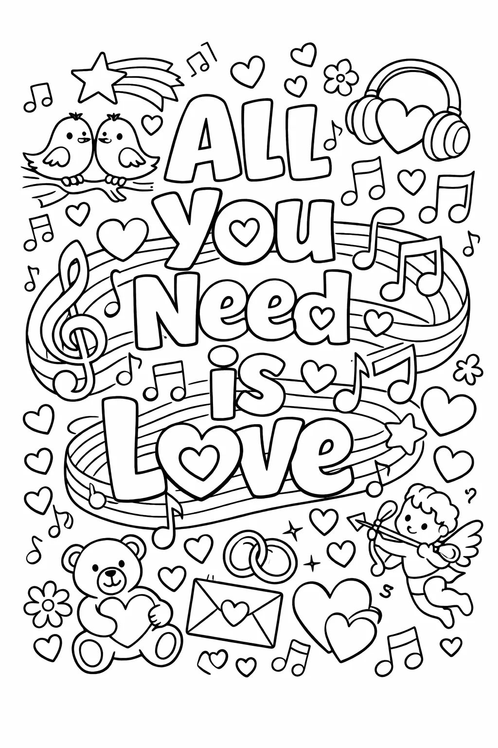 Black and white love quote coloring page featuring cute doodles, hearts, flowers, and romantic typography in printable line art style: All you need is love