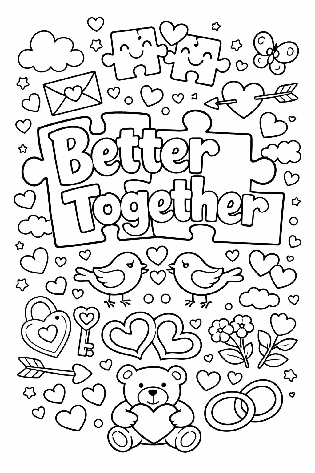 Black and white love quote coloring page featuring cute doodles, hearts, flowers, and romantic typography in printable line art style: Better together