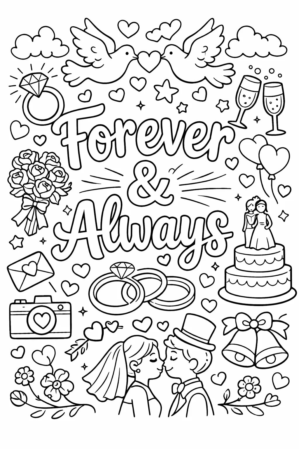 Black and white love quote coloring page featuring cute doodles, hearts, flowers, and romantic typography in printable line art style: Forever & Always
