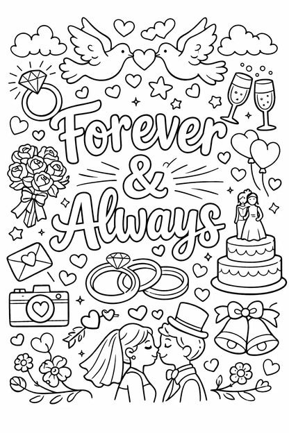 Black and white love quote coloring page featuring cute doodles, hearts, flowers, and romantic typography in printable line art style: Forever & Always