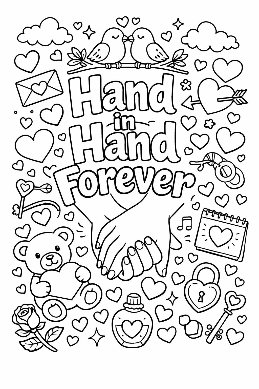 Black and white love quote coloring page featuring cute doodles, hearts, flowers, and romantic typography in printable line art style: Hand in Hand Forever