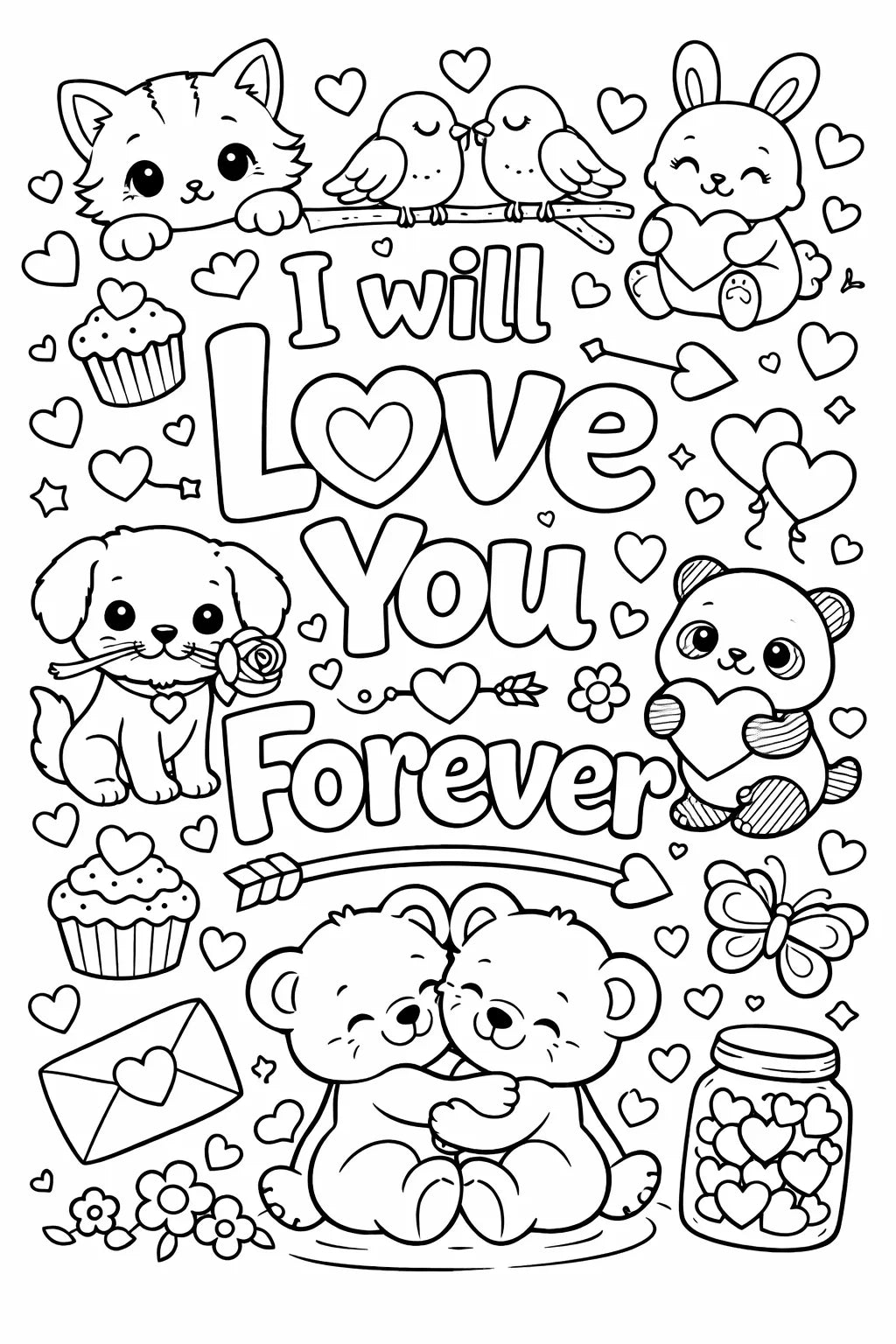 Black and white love quote coloring page featuring cute doodles, hearts, flowers, and romantic typography in printable line art style: I will love you forever
