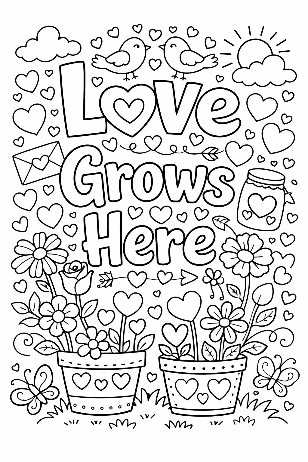Black and white love quote coloring page featuring cute doodles, hearts, flowers, and romantic typography in printable line art style: Love grows here