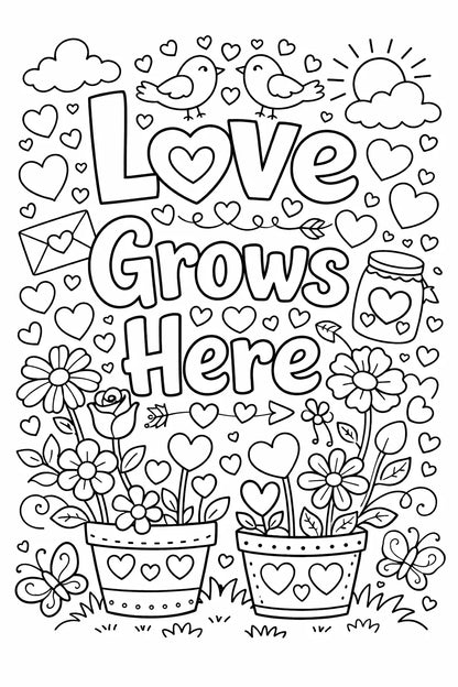 Black and white love quote coloring page featuring cute doodles, hearts, flowers, and romantic typography in printable line art style: Love grows here