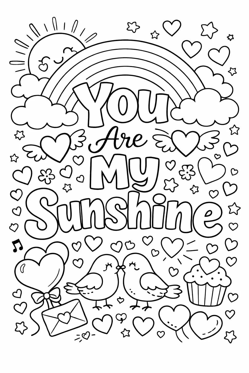 Black and white love quote coloring page featuring cute doodles, hearts, flowers, and romantic typography in printable line art style: You are my sunshine