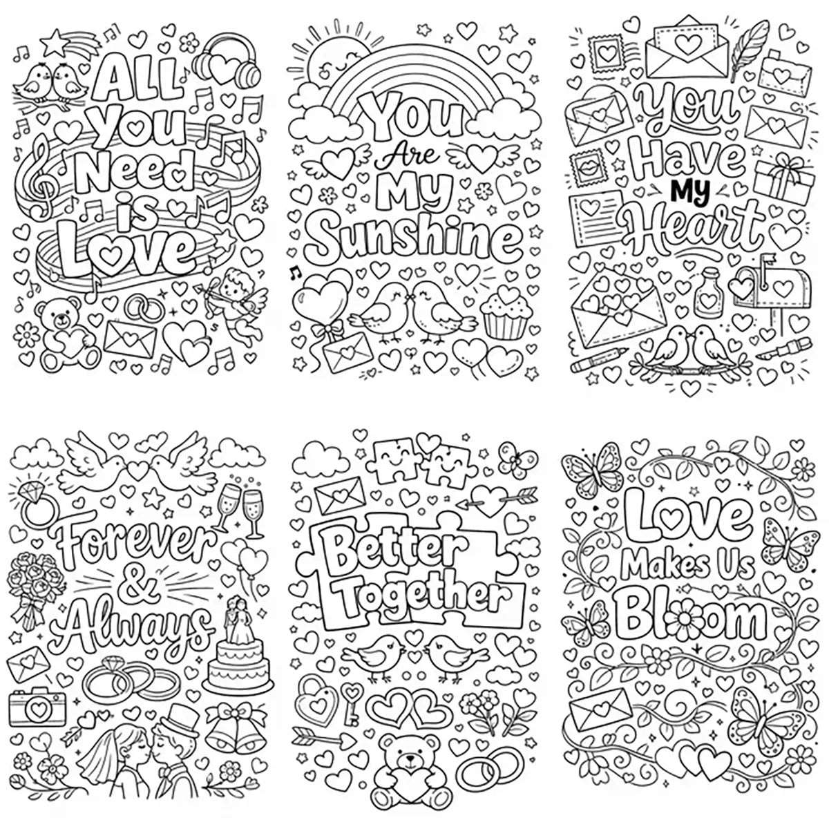 Black and white love quote coloring pages featuring cute doodles, hearts, flowers, and romantic typography in printable line art style.