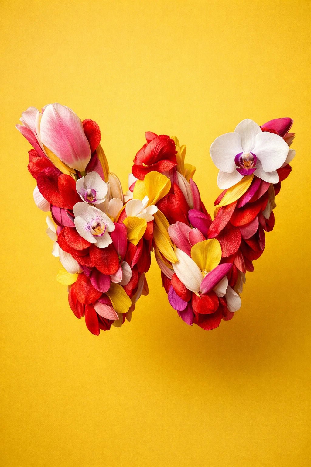 Luxury 3D material letter art with photoreal textures, cinematic lighting, and premium typographic design: Flowers W