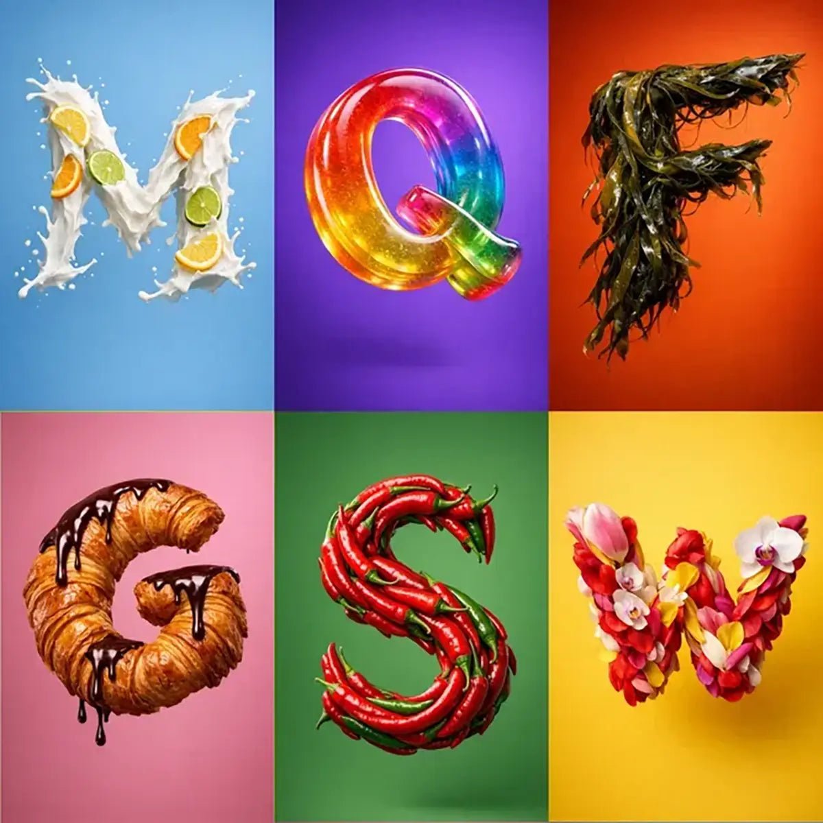 Collage of six Luxury 3D material letter art with photoreal textures, cinematic lighting, and premium typographic design 