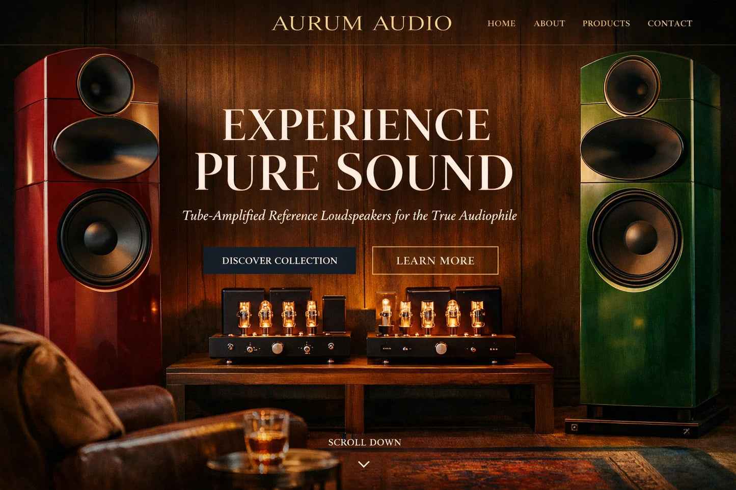 Example output from the Luxury Ecommerce Hero Designs ChatGPT prompt: an Aurum Audio website hero reading Experience Pure Sound, with tube-amplified reference loudspeakers in a warm wood listening room.
