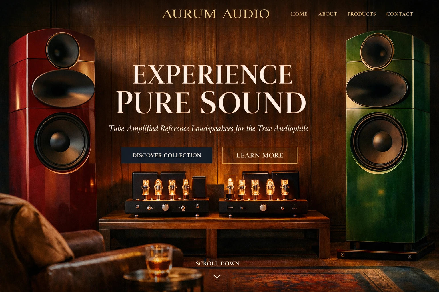 Example output from the Luxury Ecommerce Hero Designs ChatGPT prompt: an Aurum Audio website hero reading Experience Pure Sound, with tube-amplified reference loudspeakers in a warm wood listening room.