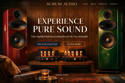 Example output from the Luxury Ecommerce Hero Designs ChatGPT prompt: an Aurum Audio website hero reading Experience Pure Sound, with tube-amplified reference loudspeakers in a warm wood listening room.