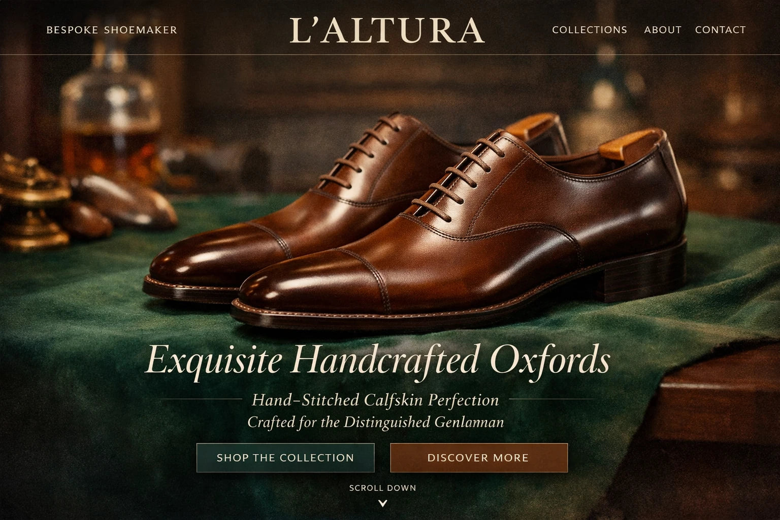 Example output from the Luxury Ecommerce Hero Designs ChatGPT prompt: an L'Altura bespoke shoemaker website hero reading Exquisite Handcrafted Oxfords, with brown calfskin shoes on green velvet.