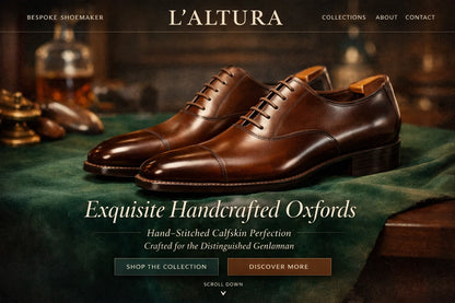 Example output from the Luxury Ecommerce Hero Designs ChatGPT prompt: an L'Altura bespoke shoemaker website hero reading Exquisite Handcrafted Oxfords, with brown calfskin shoes on green velvet.
