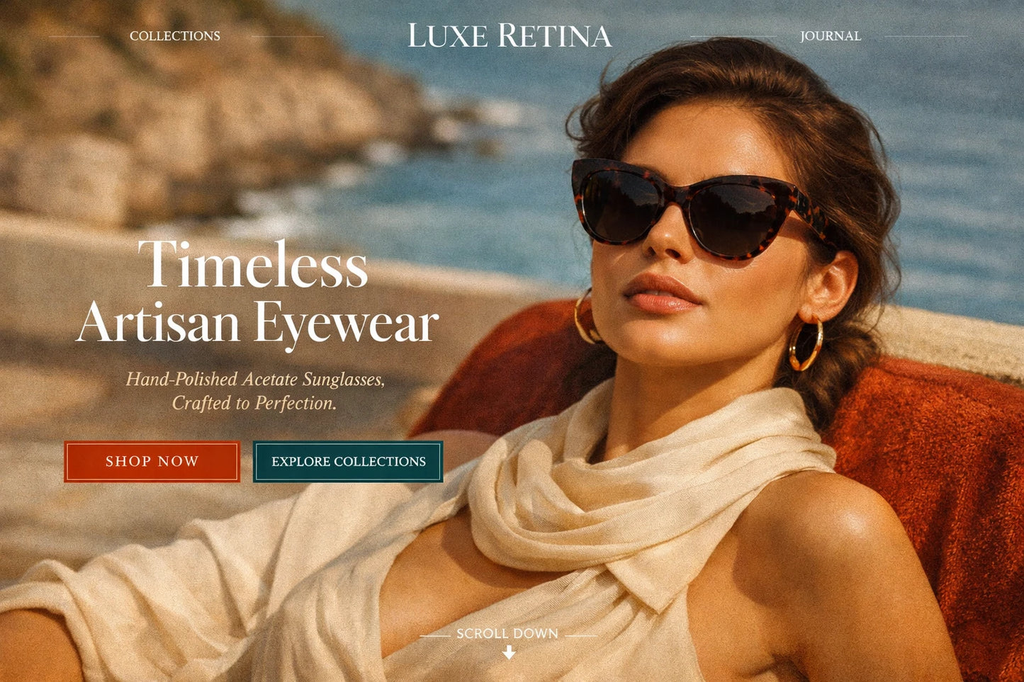 Example output from the Luxury Ecommerce Hero Designs ChatGPT prompt: a Luxe Retina website hero reading Timeless Artisan Eyewear, with a model in sunglasses on a sunlit coastal terrace.