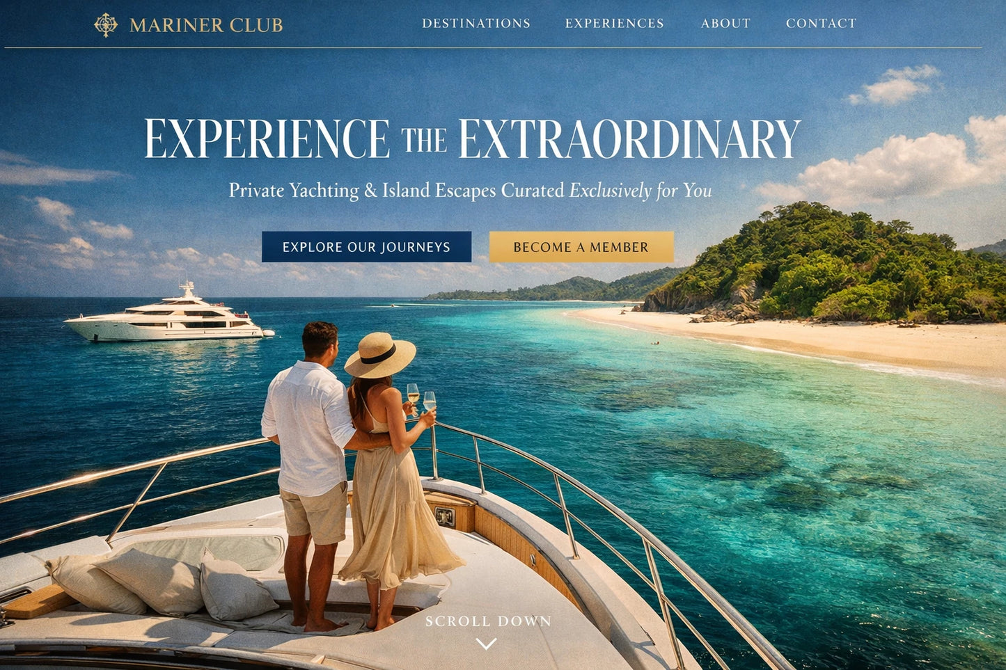 Example output from the Luxury Ecommerce Hero Designs ChatGPT prompt: a Mariner Club website hero reading Experience The Extraordinary, with a couple on a yacht deck above turquoise water.