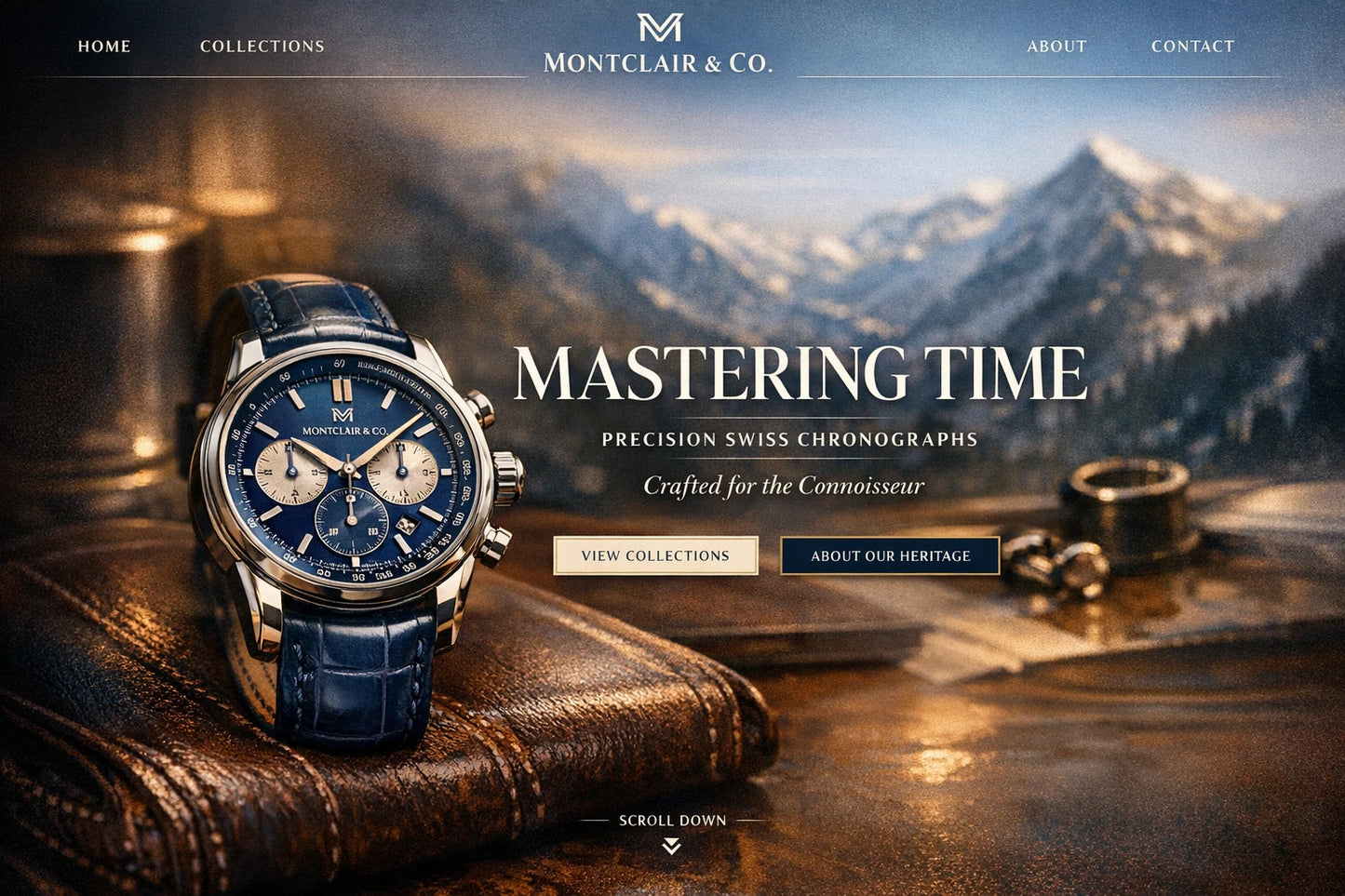 Example output from the Luxury Ecommerce Hero Designs ChatGPT prompt: a Montclair and Co. website hero reading Mastering Time, with a Swiss chronograph watch on leather against a mountain backdrop.