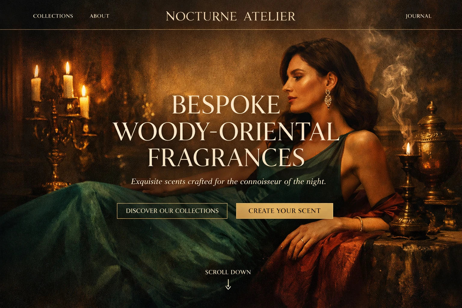 Example output from the Luxury Ecommerce Hero Designs ChatGPT prompt: a Nocturne Atelier website hero reading Bespoke Woody-Oriental Fragrances, with a model in candlelight beside perfume bottles.
