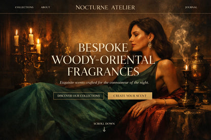Example output from the Luxury Ecommerce Hero Designs ChatGPT prompt: a Nocturne Atelier website hero reading Bespoke Woody-Oriental Fragrances, with a model in candlelight beside perfume bottles.