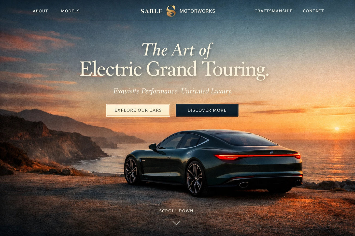 Example output from the Luxury Ecommerce Hero Designs ChatGPT prompt: a Sable Motorworks website hero in cinematic editorial style with serif headline, navigation bar and call-to-action buttons.