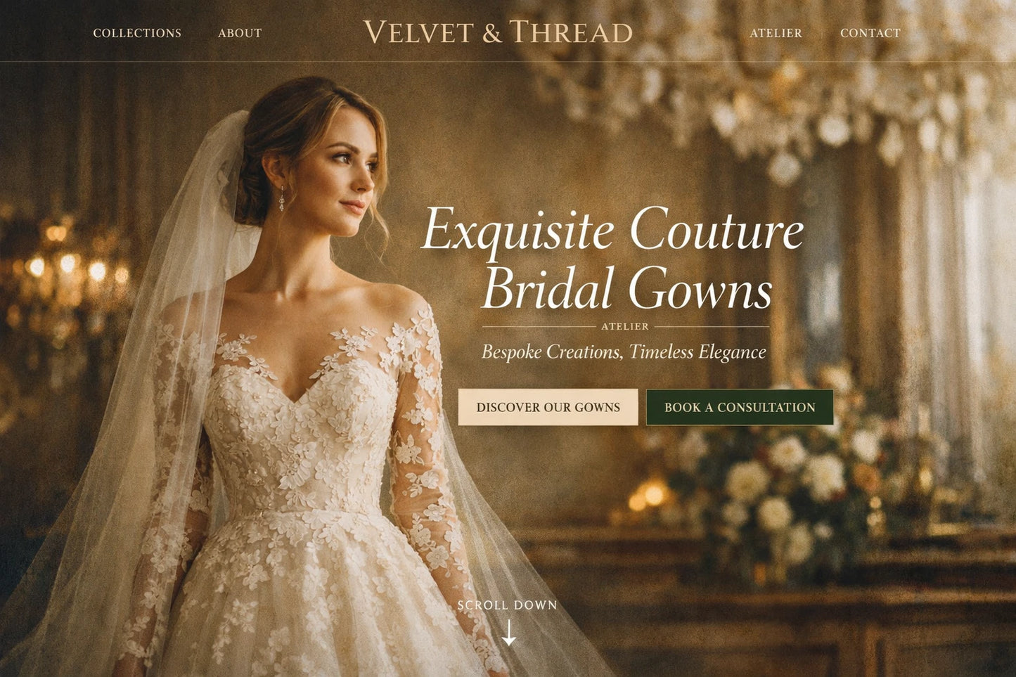 Example output from the Luxury Ecommerce Hero Designs ChatGPT prompt: a Velvet and Thread website hero in cinematic editorial style with serif headline, navigation bar and call-to-action buttons.