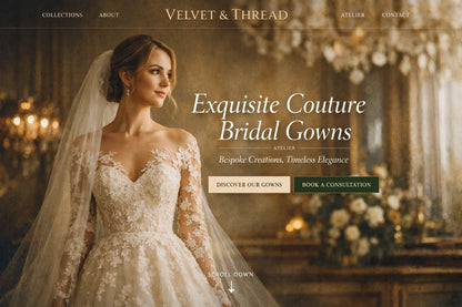 Example output from the Luxury Ecommerce Hero Designs ChatGPT prompt: a Velvet and Thread website hero in cinematic editorial style with serif headline, navigation bar and call-to-action buttons.