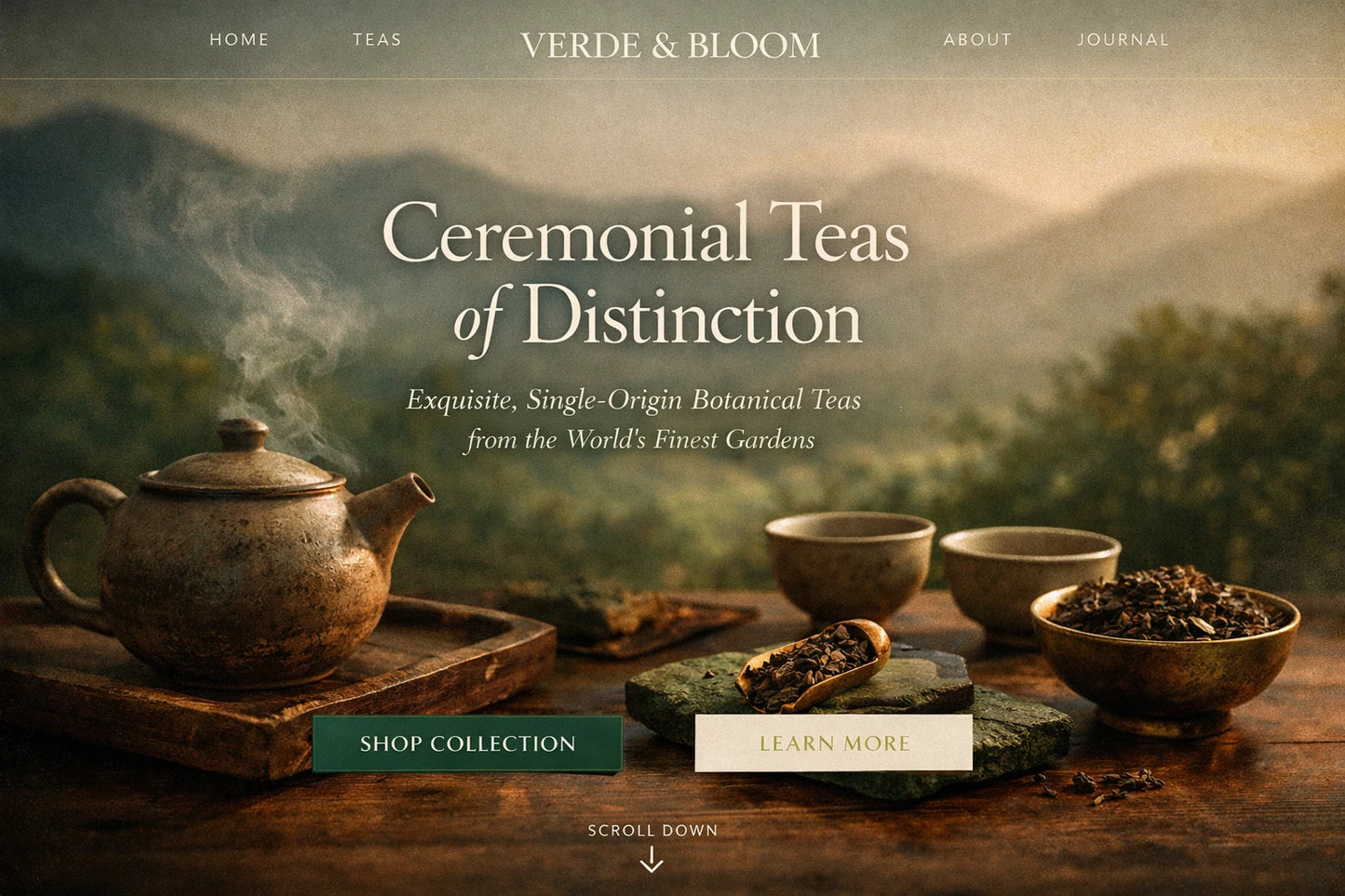Example output from the Luxury Ecommerce Hero Designs ChatGPT prompt: a Verde Bloom website hero in cinematic editorial style with serif headline, navigation bar and call-to-action buttons.