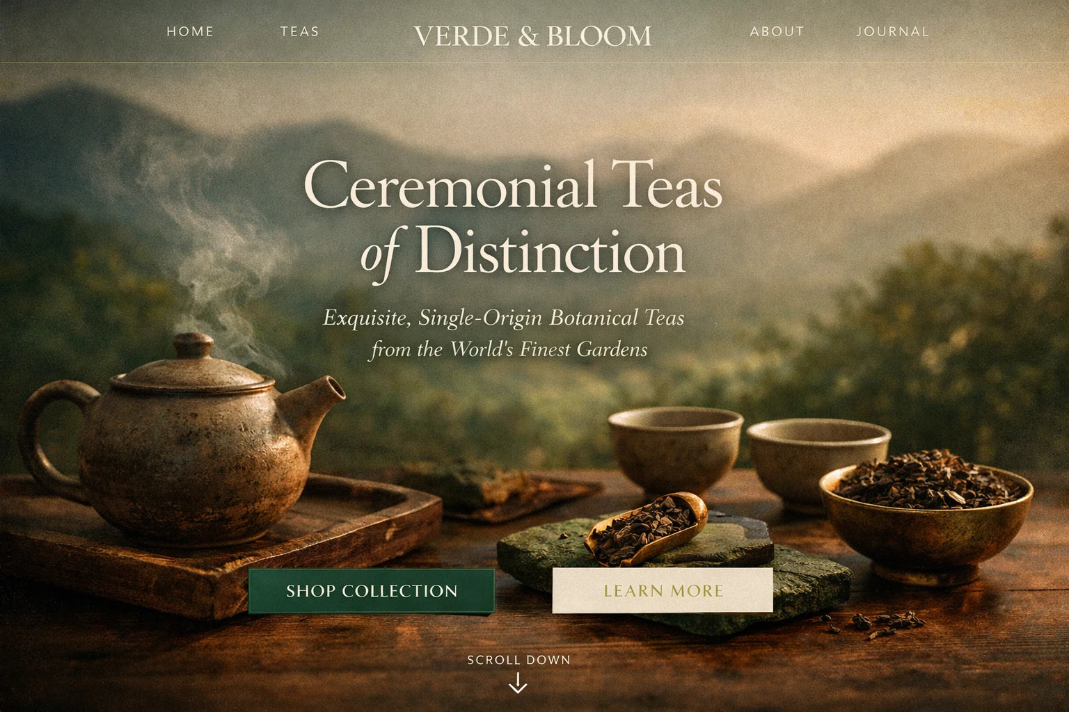 Example output from the Luxury Ecommerce Hero Designs ChatGPT prompt: a Verde Bloom website hero in cinematic editorial style with serif headline, navigation bar and call-to-action buttons.