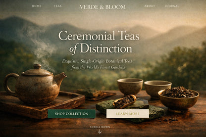 Example output from the Luxury Ecommerce Hero Designs ChatGPT prompt: a Verde Bloom website hero in cinematic editorial style with serif headline, navigation bar and call-to-action buttons.