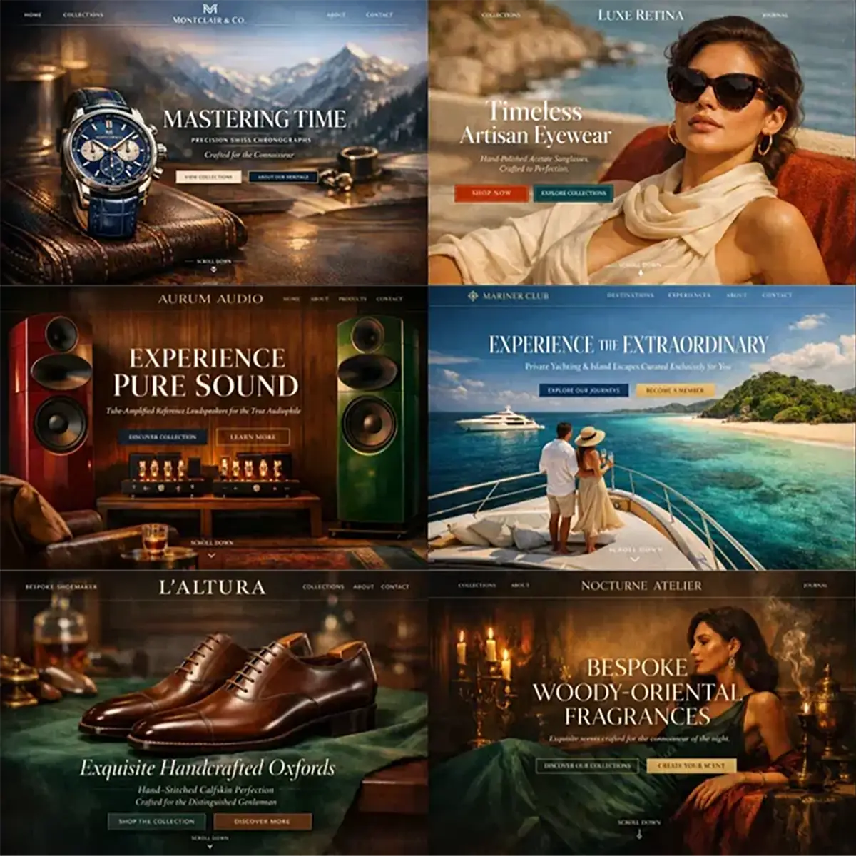 Example output from the Luxury Ecommerce Hero Designs ChatGPT prompt: a six-panel grid of cinematic luxury website hero sections for watch, eyewear, audio, yachting, footwear and fragrance brands, each with serif headlines, navigation bars and call-to-action buttons.