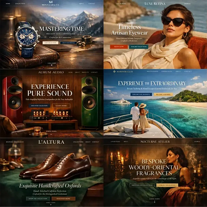 Example output from the Luxury Ecommerce Hero Designs ChatGPT prompt: a six-panel grid of cinematic luxury website hero sections for watch, eyewear, audio, yachting, footwear and fragrance brands, each with serif headlines, navigation bars and call-to-action buttons.