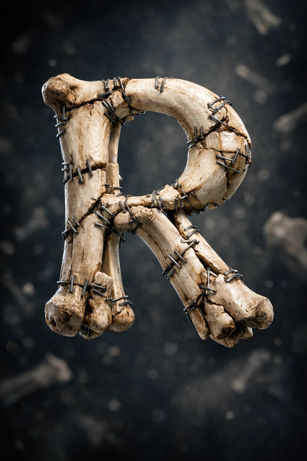 Hyper-realistic 3D floating letter R made from bones with cinematic studio lighting and dark luxury background.