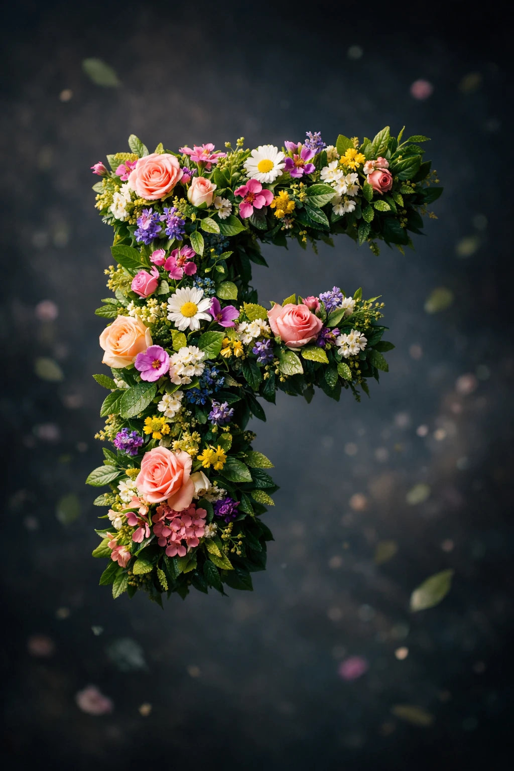 Hyper-realistic 3D floating letter F made from flowers with cinematic studio lighting and dark luxury background.