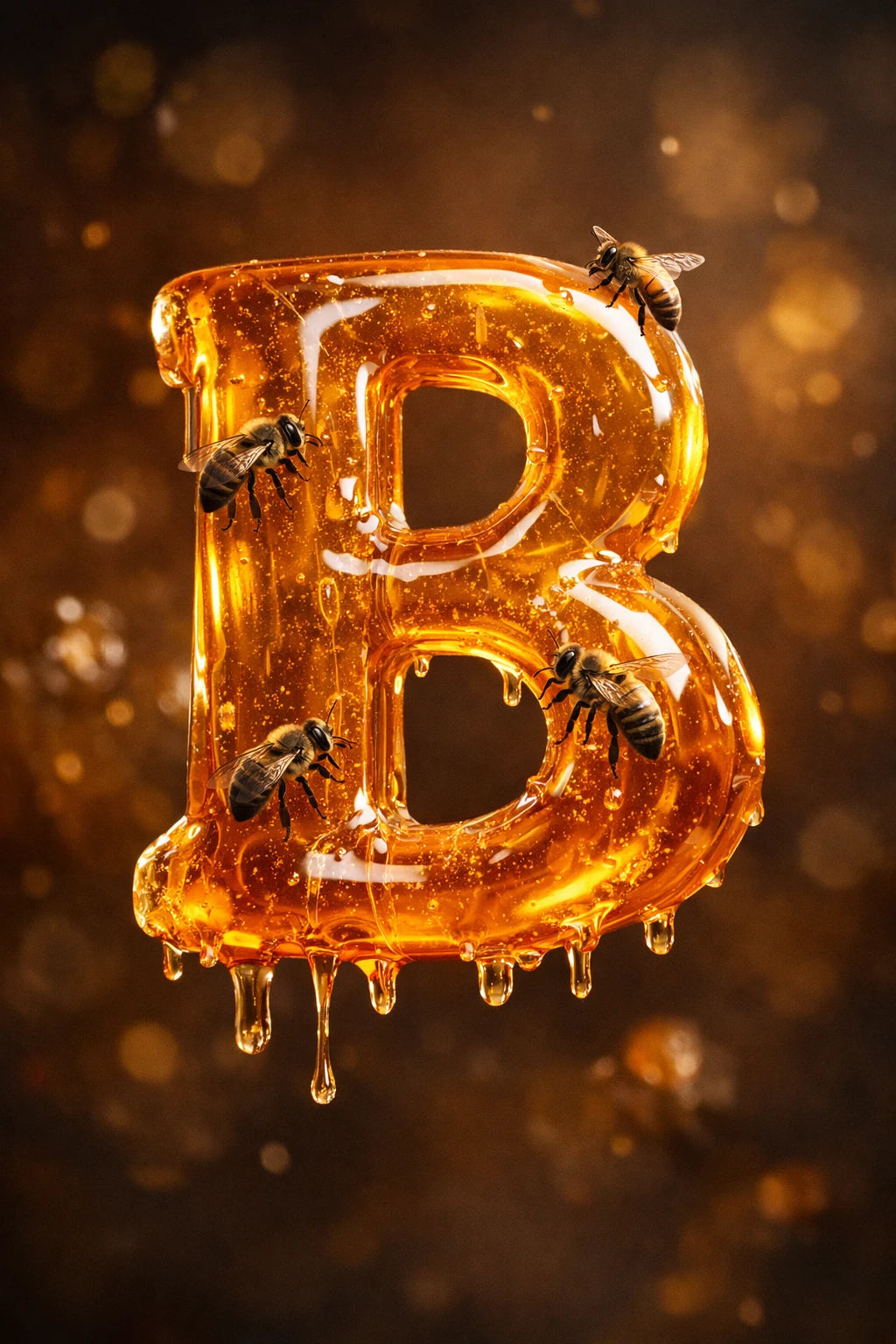 Hyper-realistic 3D floating letter B made from honey with cinematic studio lighting and dark luxury background.