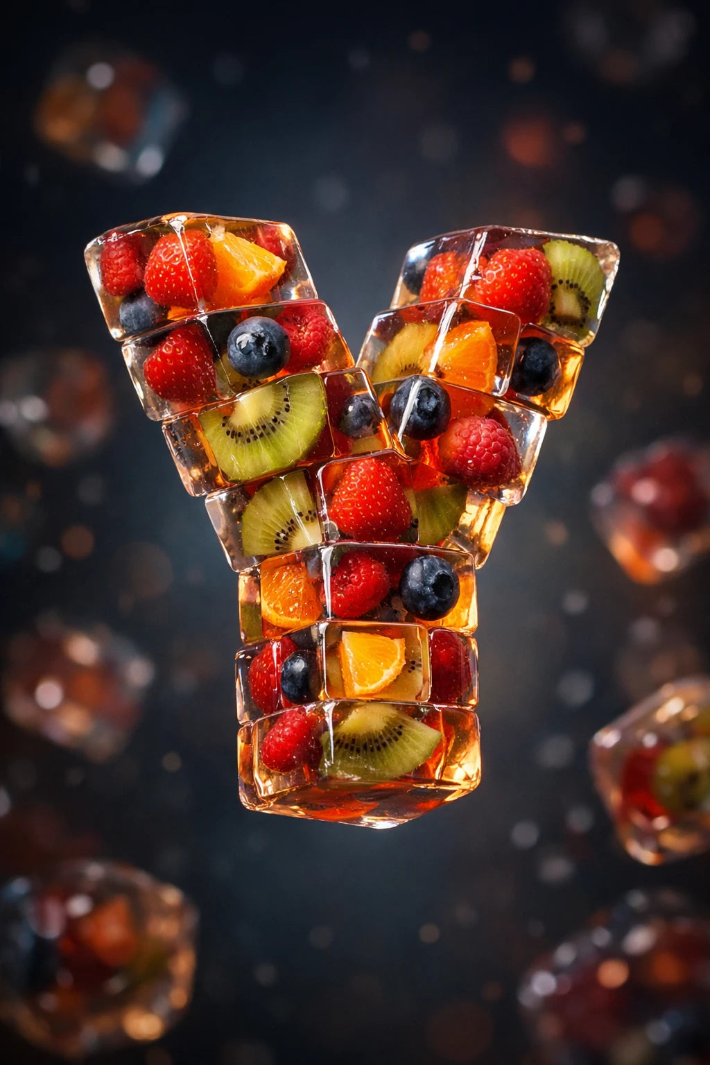 Hyper-realistic 3D floating letter Y made from iced fruits with cinematic studio lighting and dark luxury background.