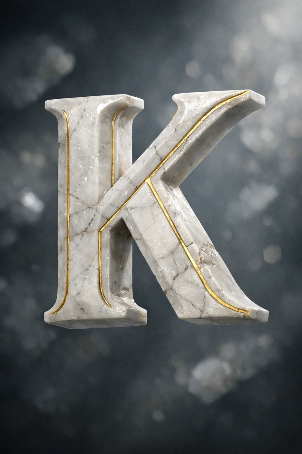 Hyper-realistic 3D floating letter K made from marble with cinematic studio lighting and dark luxury background.