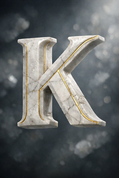 Hyper-realistic 3D floating letter K made from marble with cinematic studio lighting and dark luxury background.
