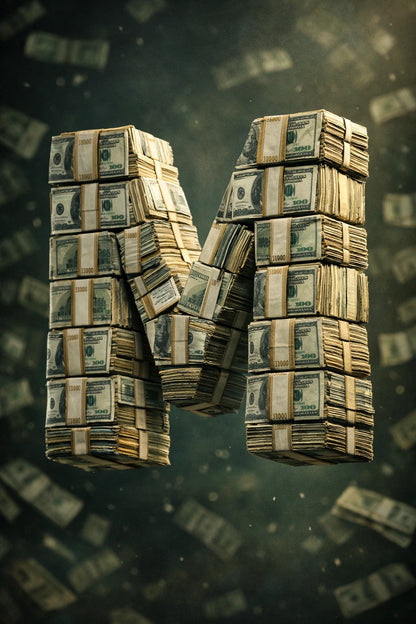 Hyper-realistic 3D floating letter M made from money bills with cinematic studio lighting and dark luxury background.