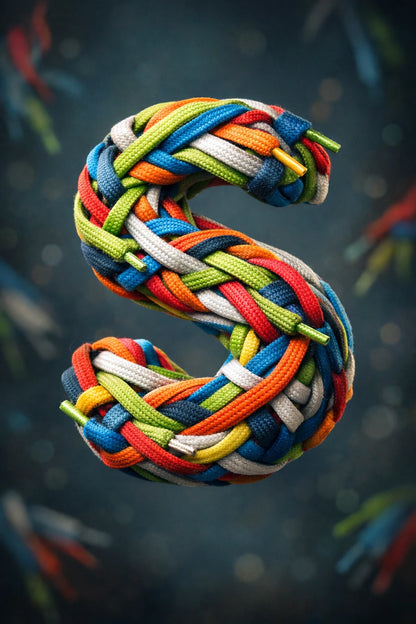 Hyper-realistic 3D floating letter S made from shoes laces with cinematic studio lighting and dark luxury background.