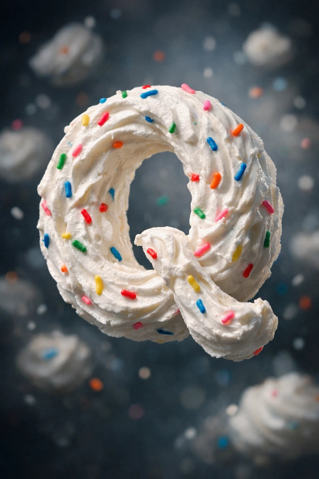 Hyper-realistic 3D floating letter Q made from whipped cream with cinematic studio lighting and dark luxury background.