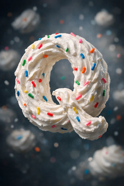 Hyper-realistic 3D floating letter Q made from whipped cream with cinematic studio lighting and dark luxury background.