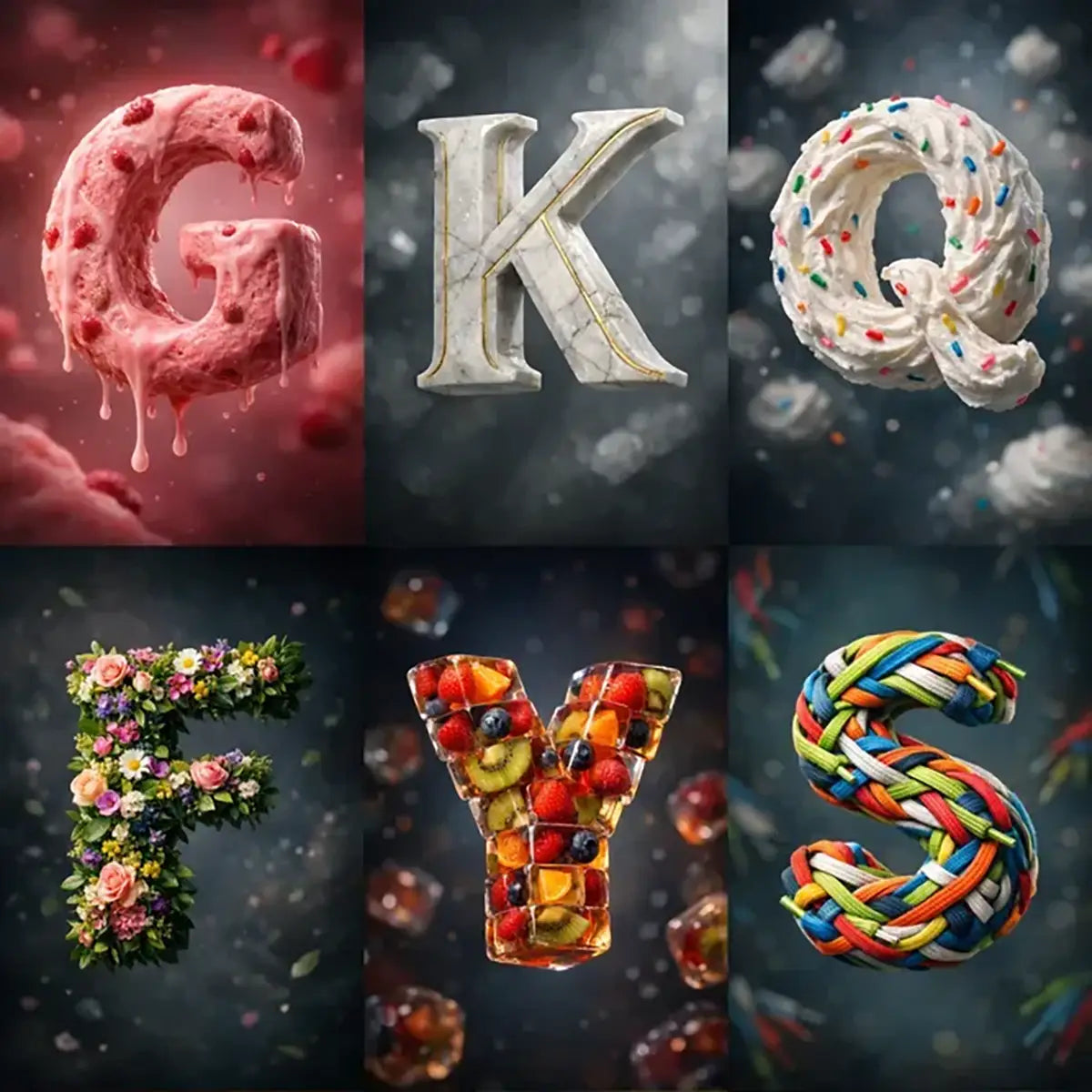Hyper-realistic 3D floating letters made from marble, fruit, flowers, rope, and cream textures with cinematic studio lighting and dark luxury background.