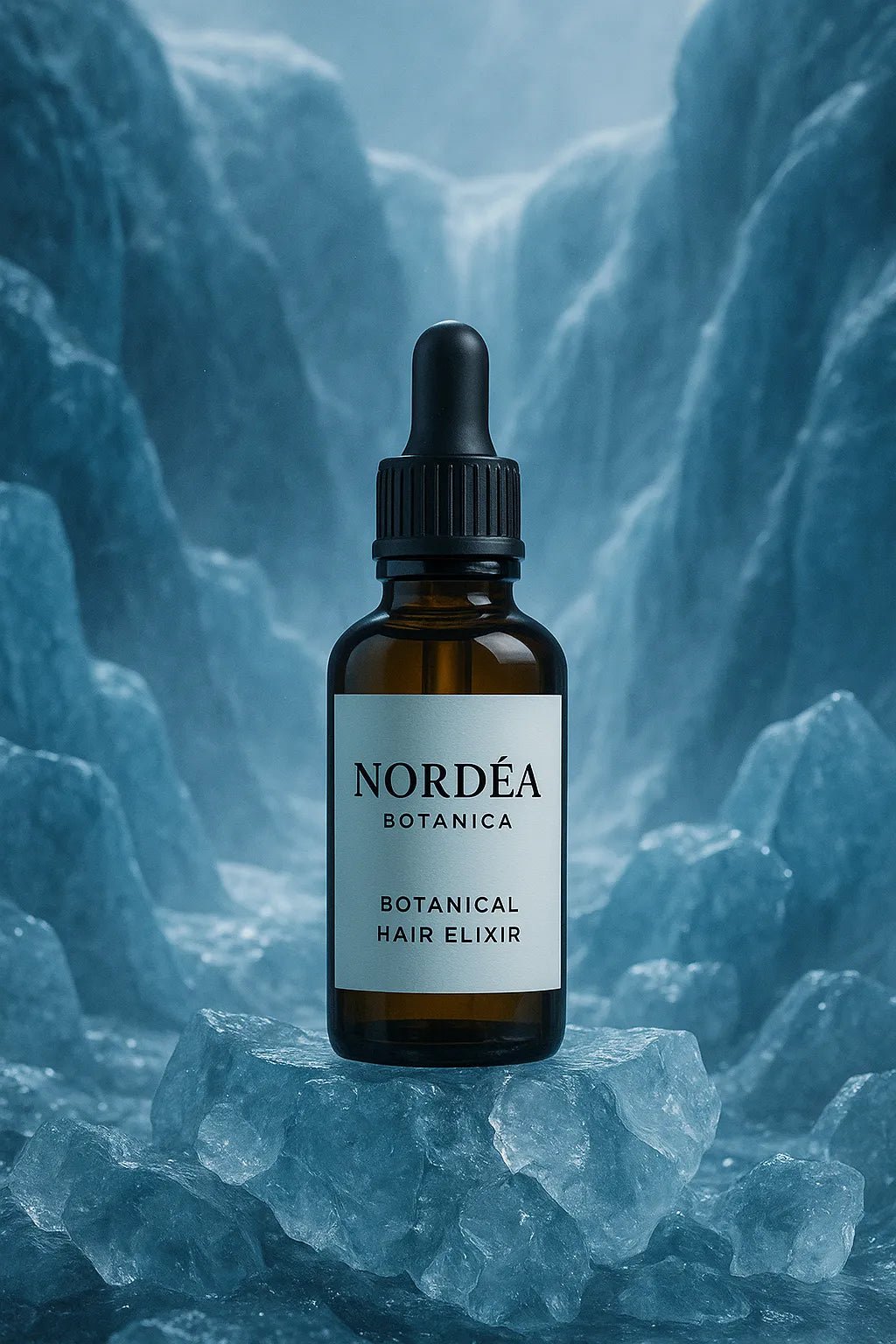 Example output from the Luxury Icy Product Photography ChatGPT prompt: Botanical Hair Elixir.