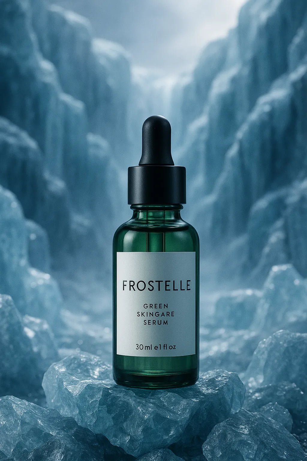 Example output from the Luxury Icy Product Photography ChatGPT prompt: Green Skincare Serum.