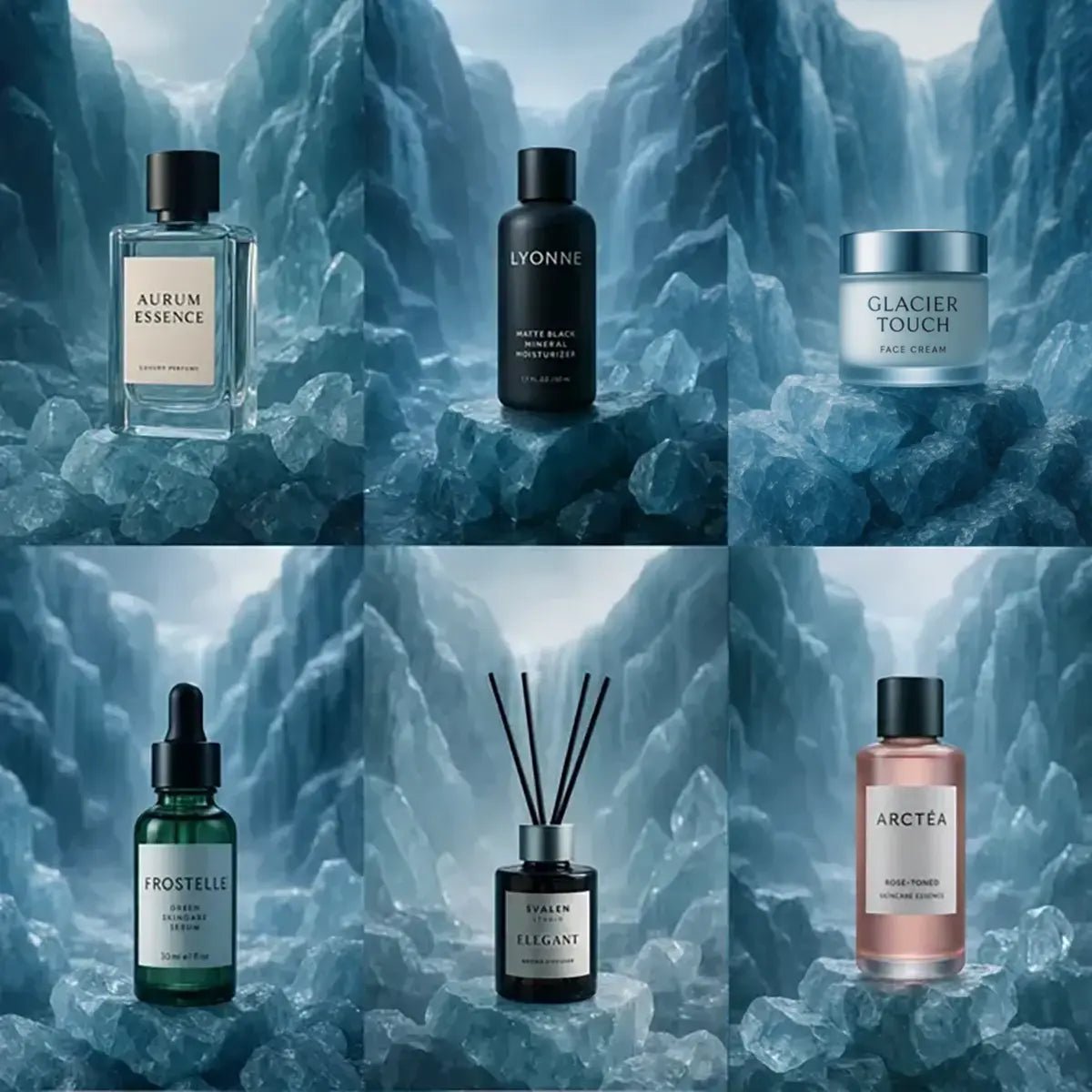 Example output from the Luxury Icy Product Photography ChatGPT prompt: cinematic high-end product photography featuring beauty bottles and packaging on crystalline ice formations, with cool mist, translucent lighting, and luxury brand aesthetics.