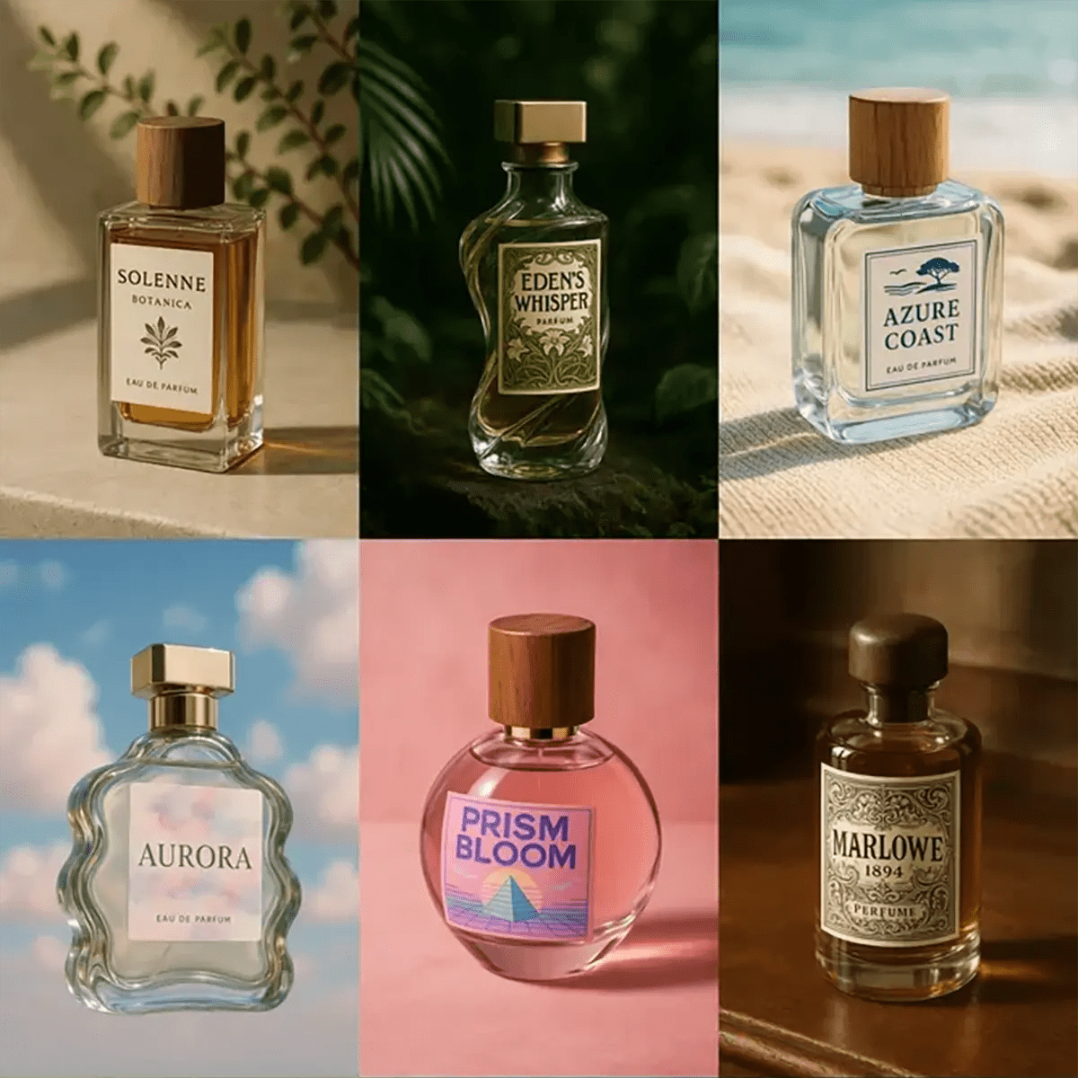 Example output from the Luxury Perfume Bottle Photo ChatGPT prompt: six photoreal perfume bottles in varied shapes with luxury lighting and styled scenes, ready for branding.