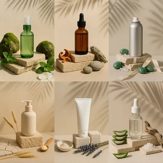 Example output from the Luxury Product Bottle Mockup ChatGPT prompt: elegant product bottles displayed on stone props with natural shadows and organic materials, styled with palm frond silhouettes and premium lighting in a luxury skincare aesthetic.