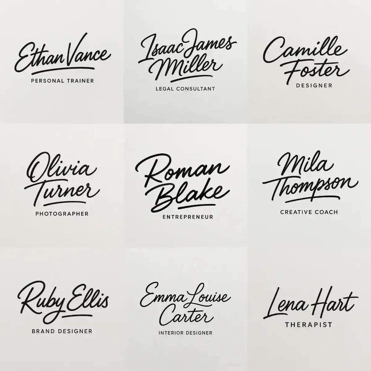 Example output from the Luxury Signature Logo Creator ChatGPT prompt: elegant signature-style logos in bold cursive fonts, featuring clean vector layouts, subtle paper texture, and modern personal branding formats.