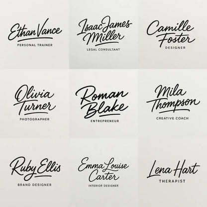 Example output from the Luxury Signature Logo Creator ChatGPT prompt: elegant signature-style logos in bold cursive fonts, featuring clean vector layouts, subtle paper texture, and modern personal branding formats.