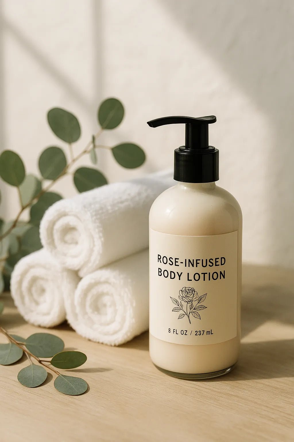 Example output from the Luxury Skincare Product Mockups ChatGPT prompt: premium skincare mockup. Rose Infused Body Lotion.